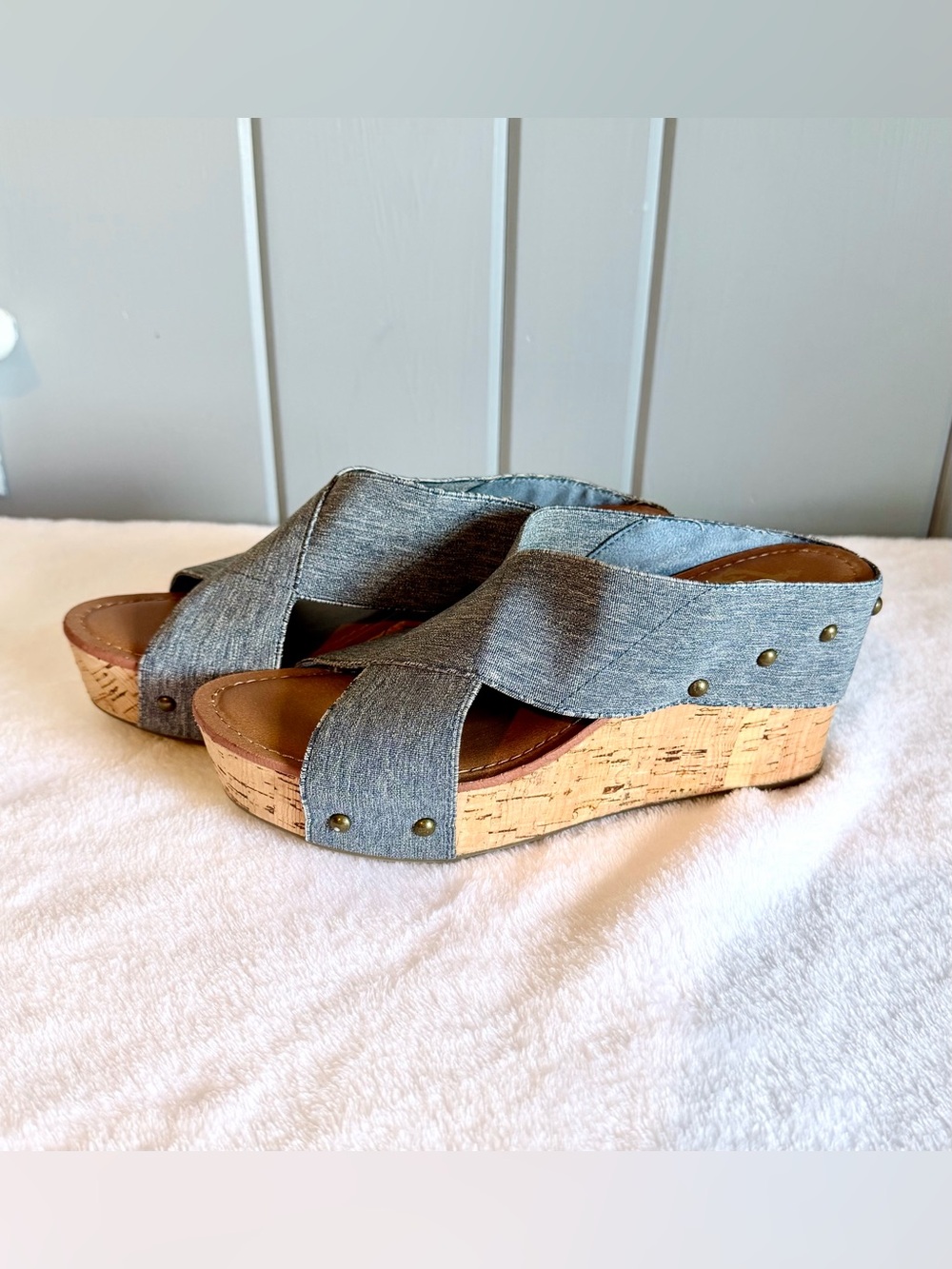 Crown Vintage Blue Denim Wedges With Stud Embellishments & 3” Cork Heel